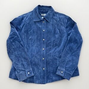Coldwater Creek Jacket VTG‎ Womens XLP Blue Suede Leather Snap Button Down Artsy